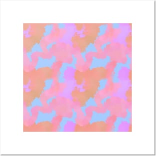 Watercolor pink orange on baby blue background Posters and Art